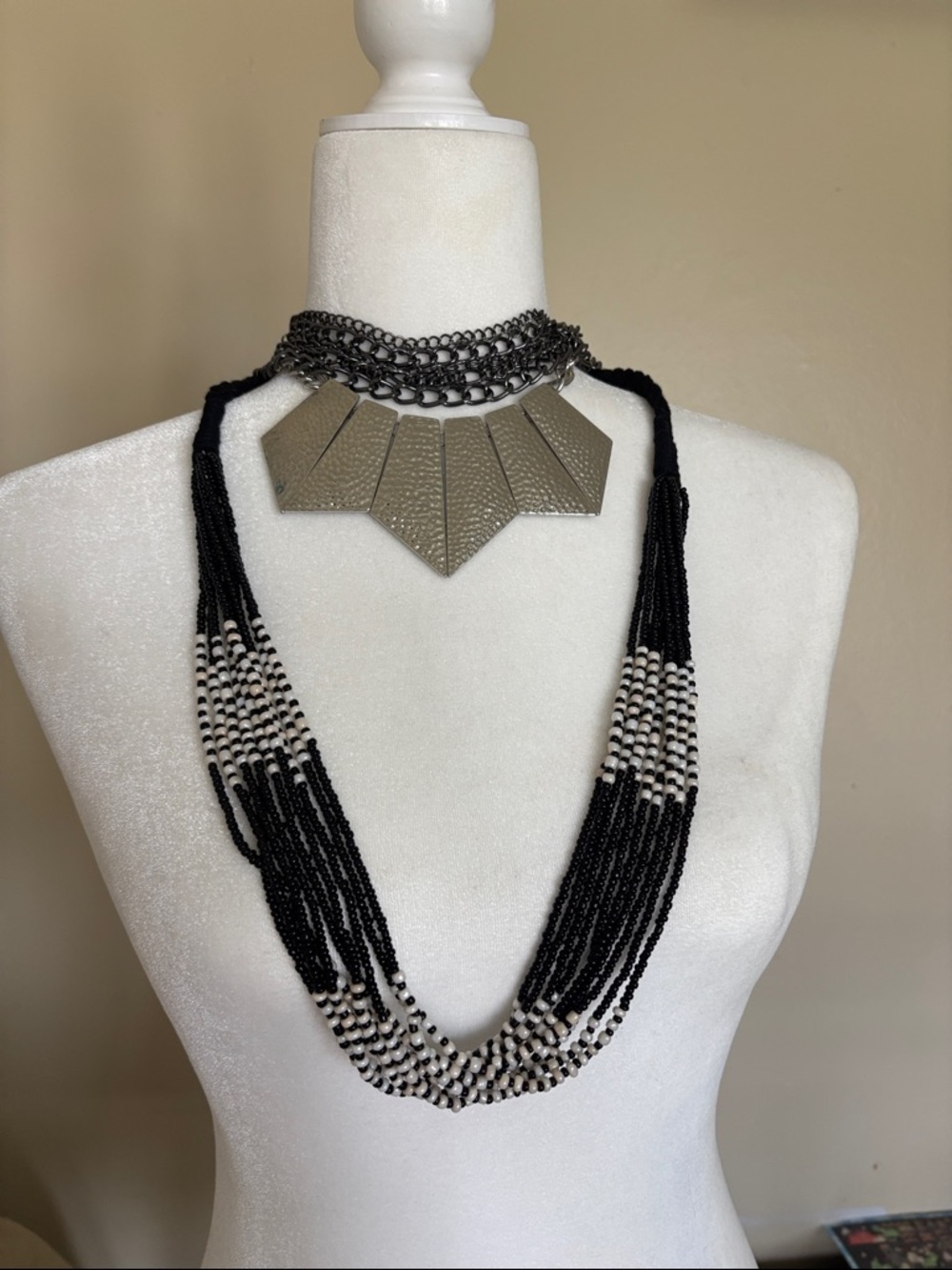 Black and Cream Beaded Multi-Strand Necklace - Fashion Jewelry